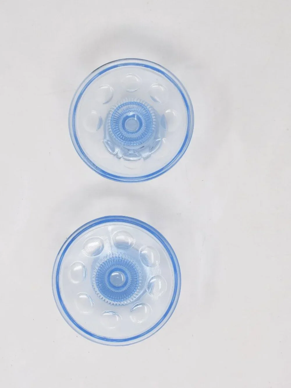 2 Imperial Ice Blue Old English Candlestick Holders Glass Thumbprint Olive Dots